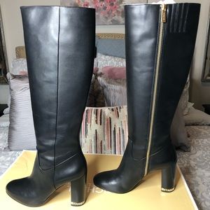 Michael Kors Walker Boot Tall Black Stacked Heel Leather Gold Hardware Size 9.5